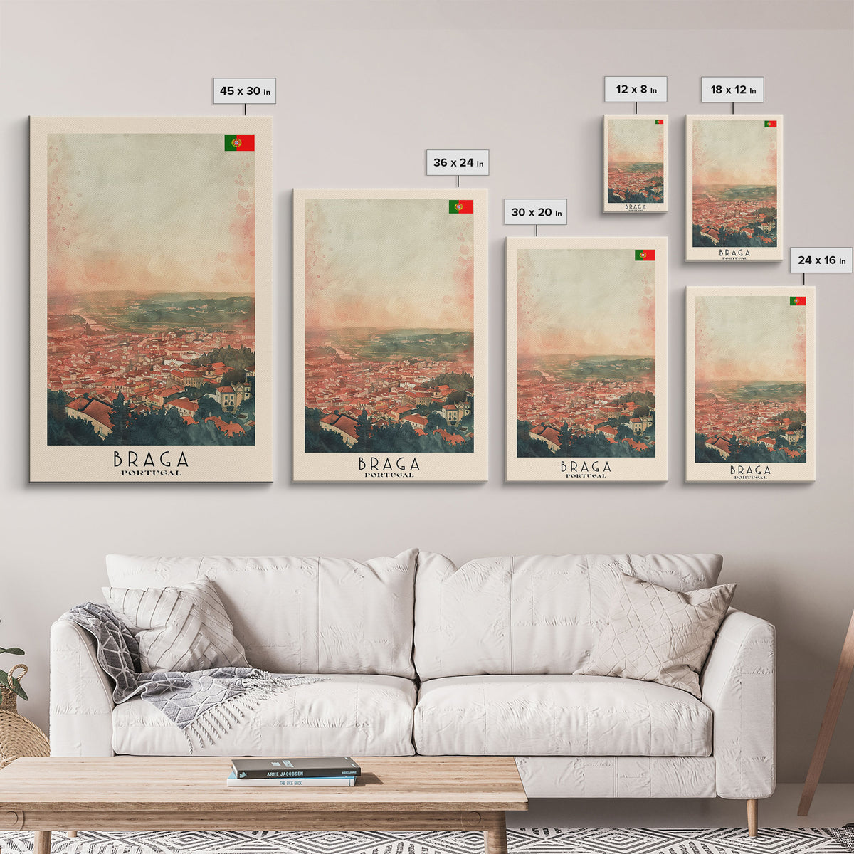 Braga Portugal Travel Poster Framed Canvas Print, Wall Art, Home Decor, Travel Print, Sunset Scene, Boho Art, Original Art