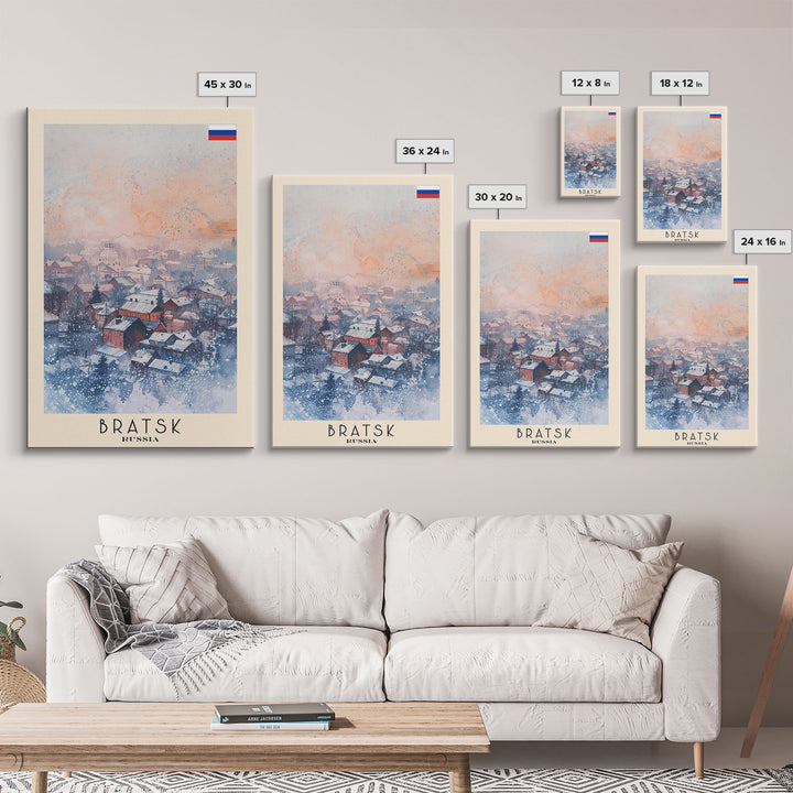 Bratsk Russia Travel Poster Framed Canvas Print, Winter Scene, Wall Art, Home Decor, Travel Print, Abstract Watercolor, Minimalist Art