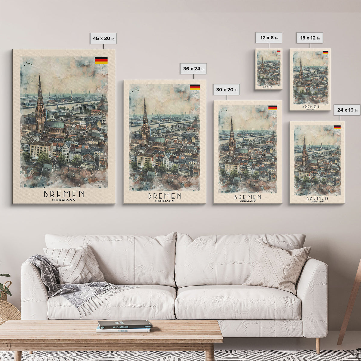 Bremen Germany Travel Poster Framed Canvas Print, Cityscape Art, Wall Decor, Travel Print, Watercolor Painting, Urban Scene, Minimalist Art
