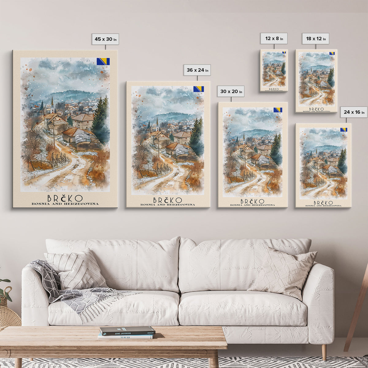 Brčko Bosnia Travel Poster Framed Canvas Print, Cityscape Art, Wall Decor, Travel Print, Watercolor Painting, Urban Scene Art