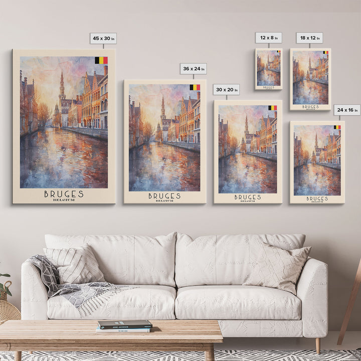 Bruges Belgium Travel Poster Framed Canvas Print, Watercolor Painting, Boho Wall Art, Home Decor, Living Room Art, Minimalist Travel Print