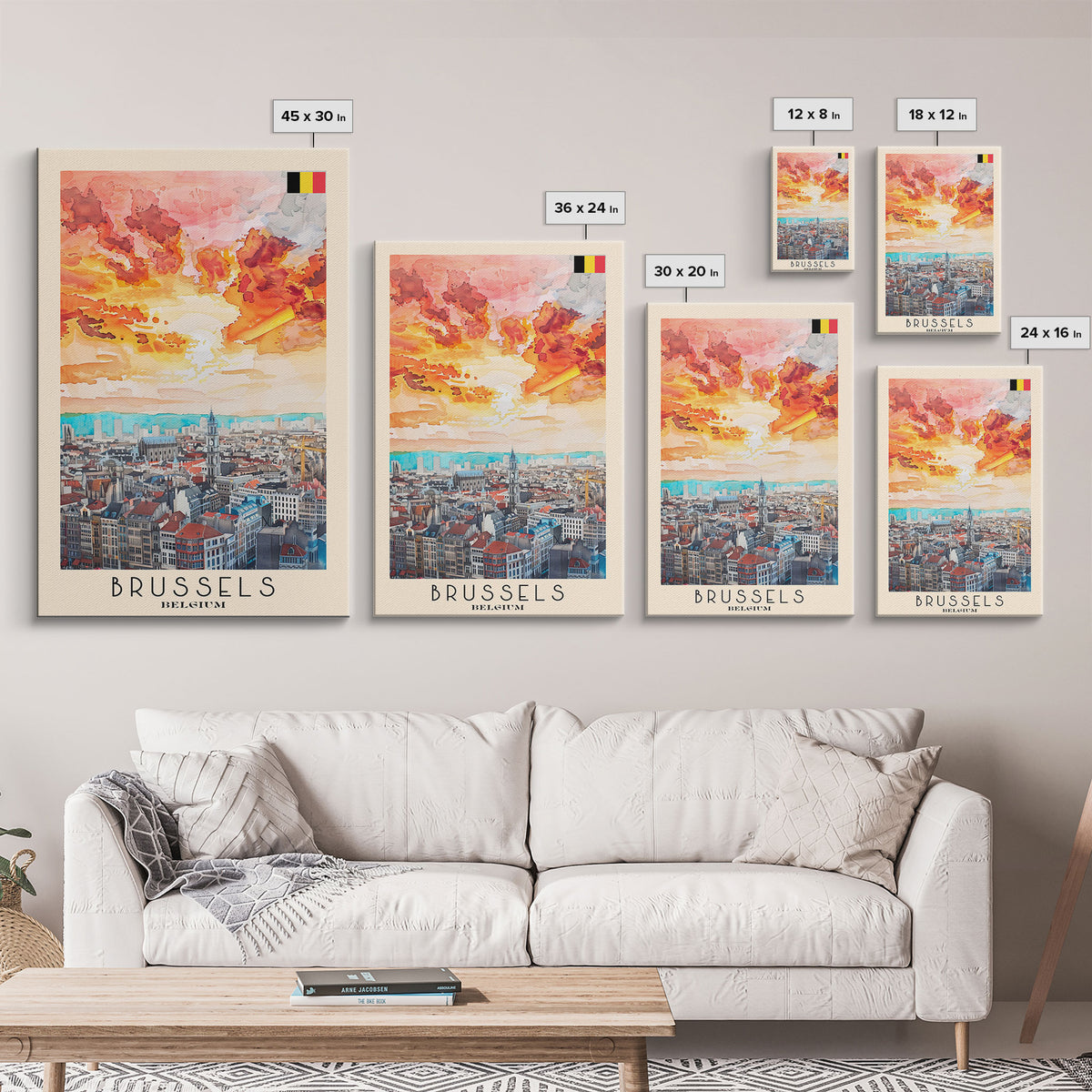 Brussels Belgium Travel Poster Framed Canvas Print, Abstract Sunset, Wall Art, Modern Home Decor, Travel Print, Watercolor Painting, Art Piece
