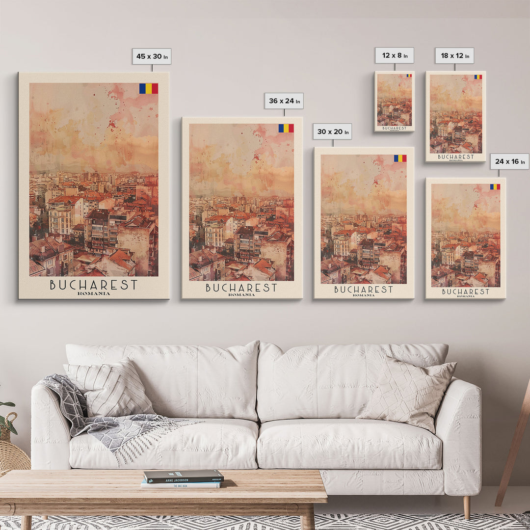 Bucharest Romania Travel Poster Framed Canvas Print, Abstract Cityscape, Boho Wall Art, Home Decor, Living Room Art, Watercolor Painting, Original Art