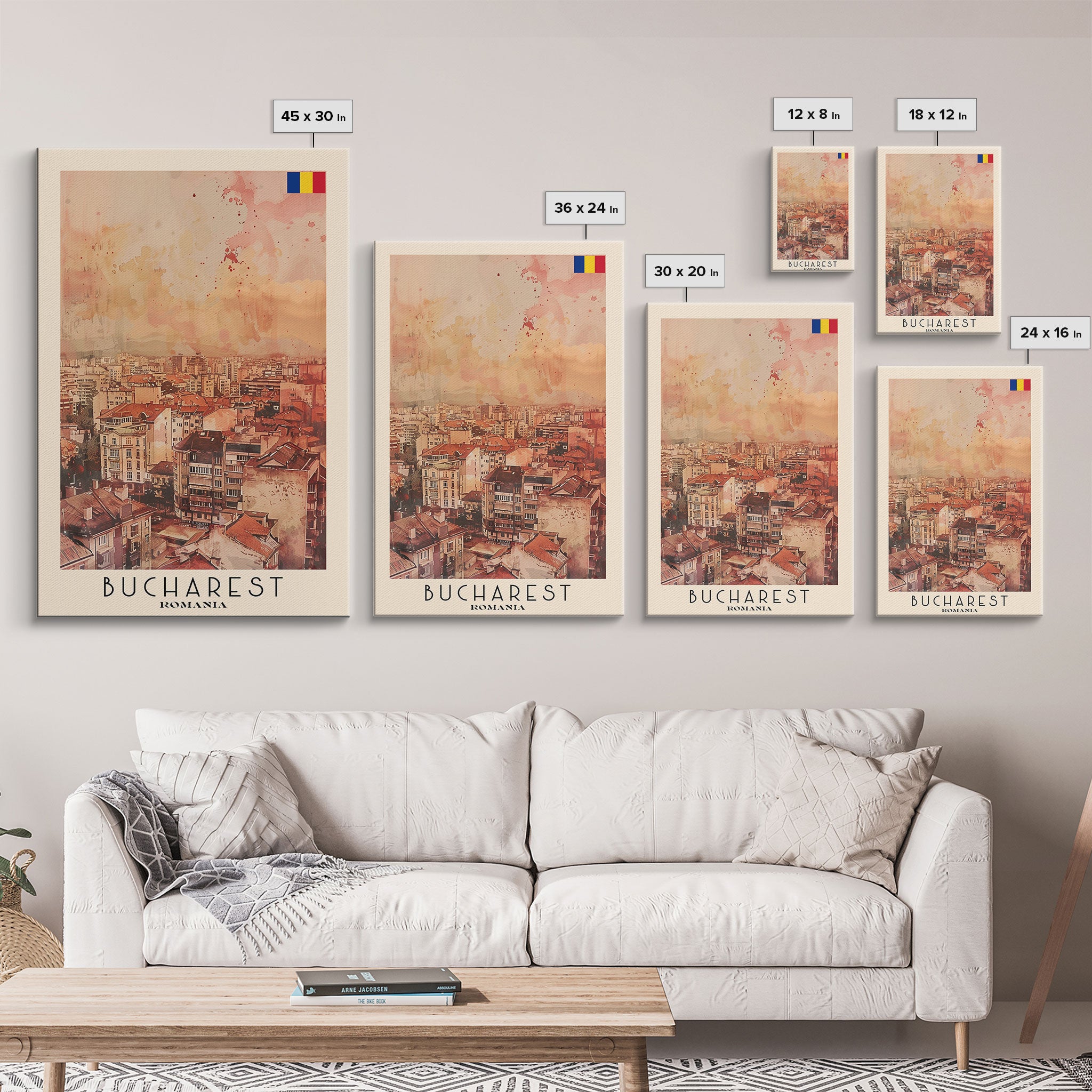 Bucharest Romania Travel Poster Framed Canvas Print, Abstract Cityscape, Boho Wall Art, Home Decor, Living Room Art, Watercolor Painting, Original Art