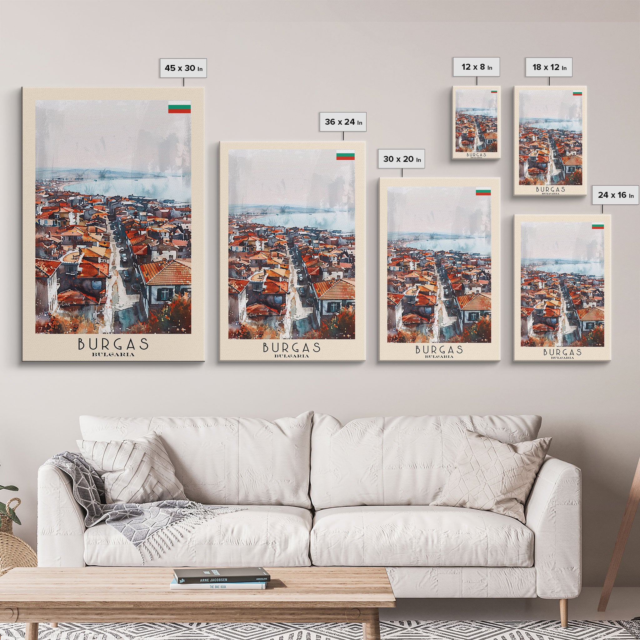 Burgas Bulgaria Travel Poster Framed Canvas Print, Coastal Cityscape, Watercolor Painting, Wall Art, Home Decor, Minimalist Travel Print, Urban Scene