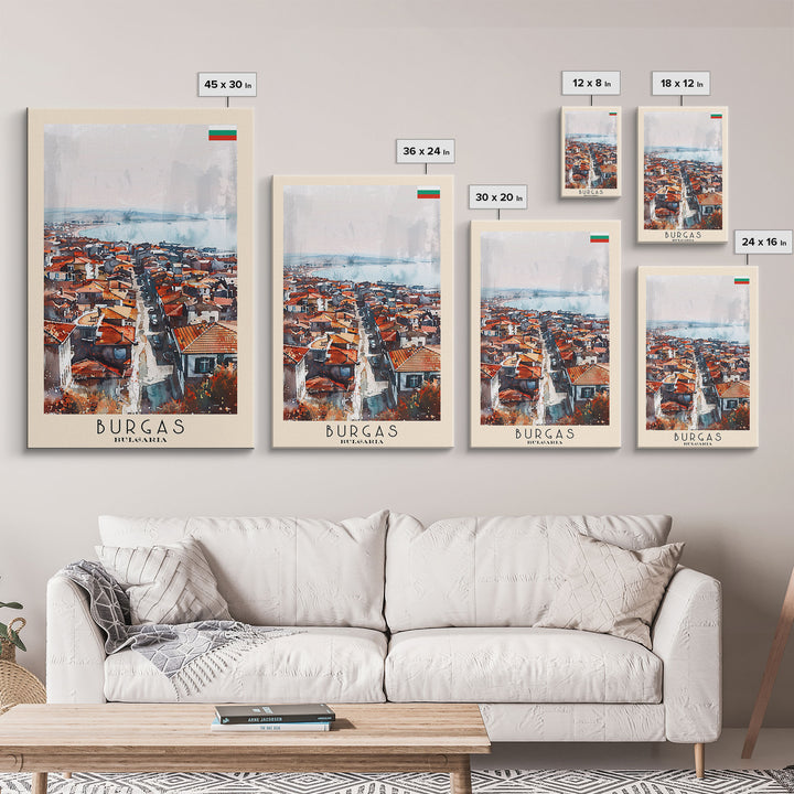 Burgas Bulgaria Travel Poster Framed Canvas Print, Coastal Cityscape, Watercolor Painting, Wall Art, Home Decor, Minimalist Travel Print, Urban Scene