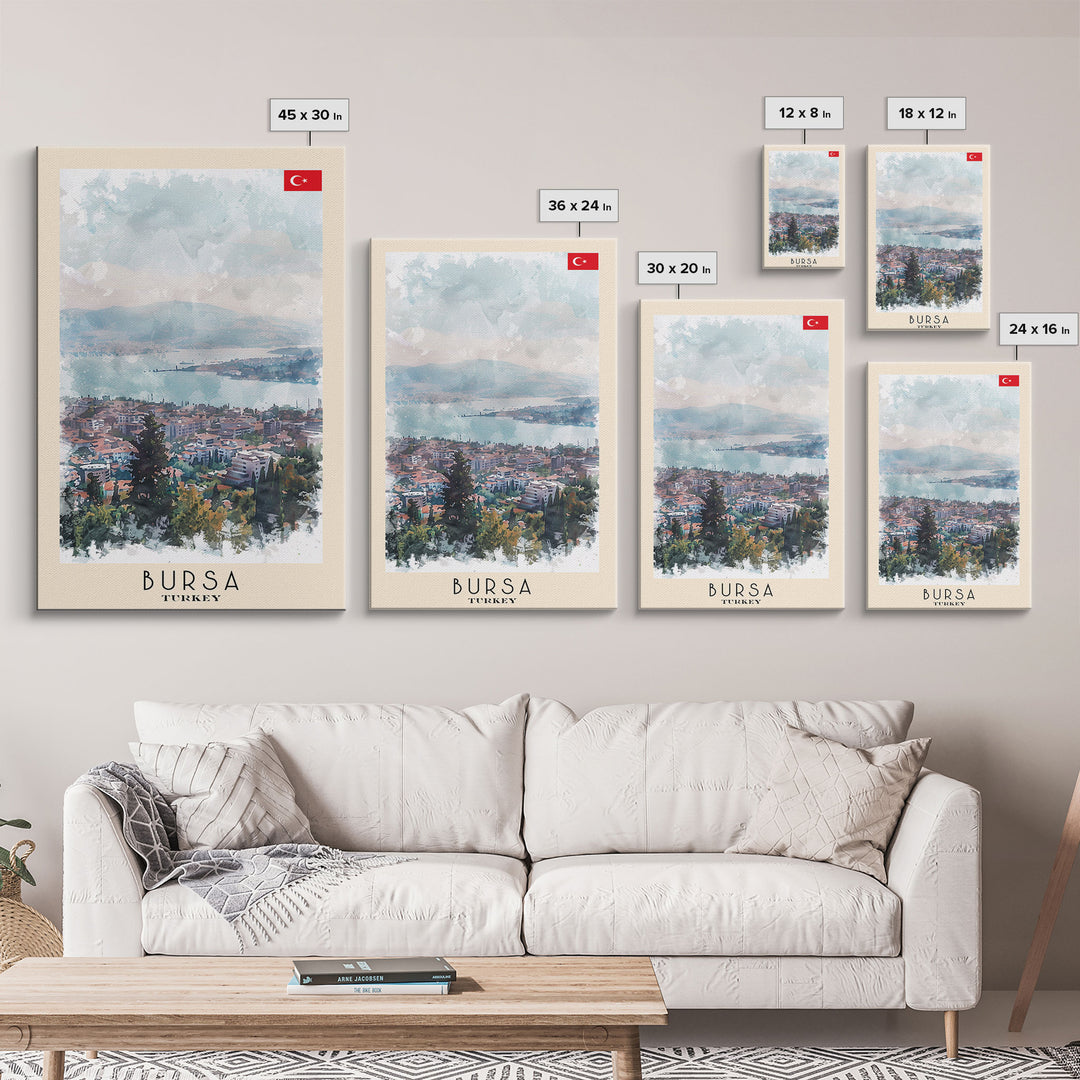 Bursa Turkey Travel Poster Framed Canvas Print, Watercolor Landscape, Wall Art, Home Decor, Travel Print, Minimalist Art, Urban Scene