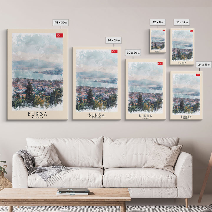 Bursa Turkey Travel Poster Framed Canvas Print, Watercolor Landscape, Wall Art, Home Decor, Travel Print, Minimalist Art, Urban Scene