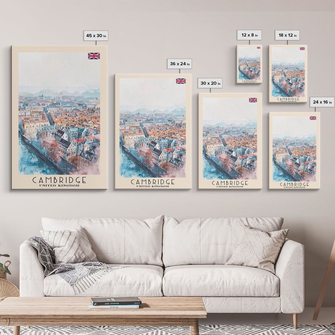 Cambridge United Kingdom Travel Poster Framed Canvas Print, Wall Art, Home Decor, Travel Print, Vacation Gift, Watercolor Painting, Original Art
