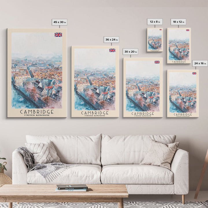 Cambridge United Kingdom Travel Poster Framed Canvas Print, Wall Art, Home Decor, Travel Print, Vacation Gift, Watercolor Painting, Original Art