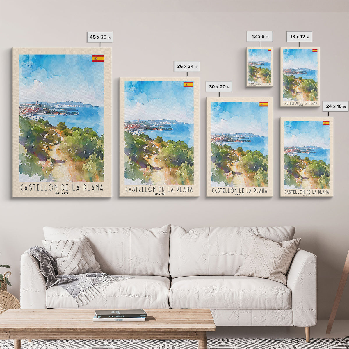 Castellón de la Plana Spain Travel Poster Framed Canvas Print, Wall Art, Home Decor, Travel Print, Vacation Gift, Watercolor Painting, Original Art