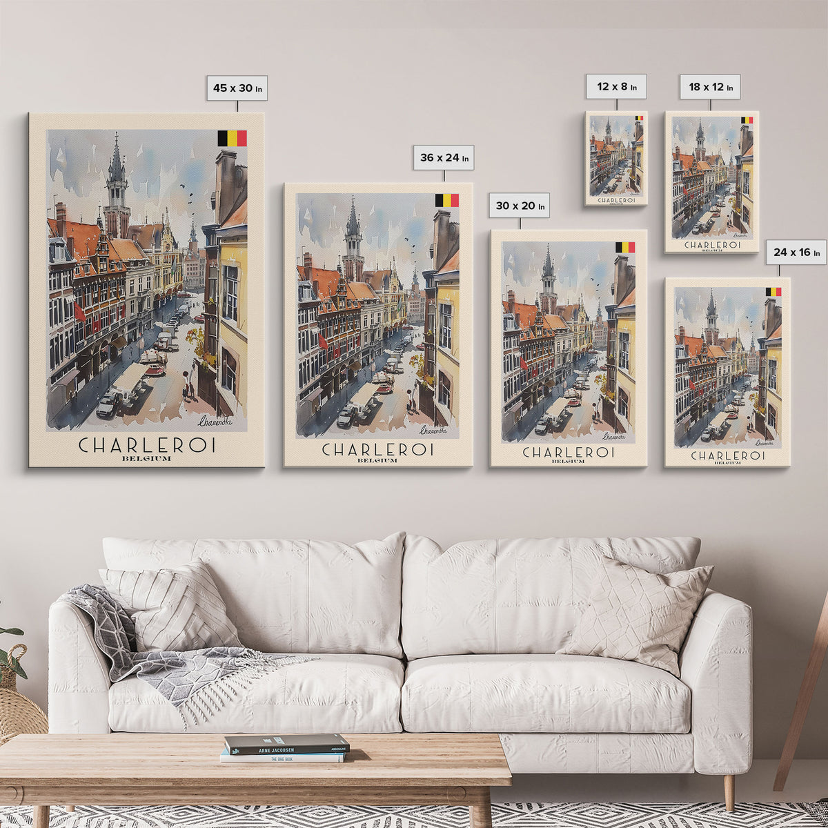 Charleroi Belgium Travel Poster Framed Canvas Print, Wall Art, Home Decor, Travel Print, Vacation Gift, Watercolor Painting, Original Art