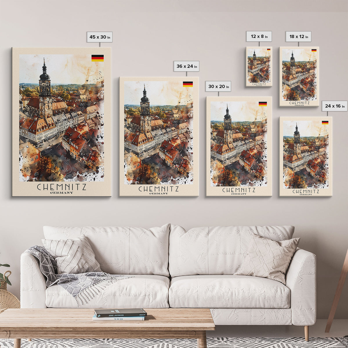 Chemnitz Germany Travel Poster Framed Canvas Print, Wall Art, Home Decor, Travel Print, Minimalist Watercolor Painting, Original Art