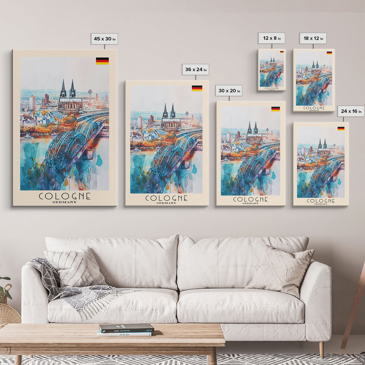 Cologne Germany Watercolor Travel Poster, Wood Framed Canvas Print, Boho Wall Art, Living Room Decor, Original Artwork, Cityscape Home Decor, Travel Print