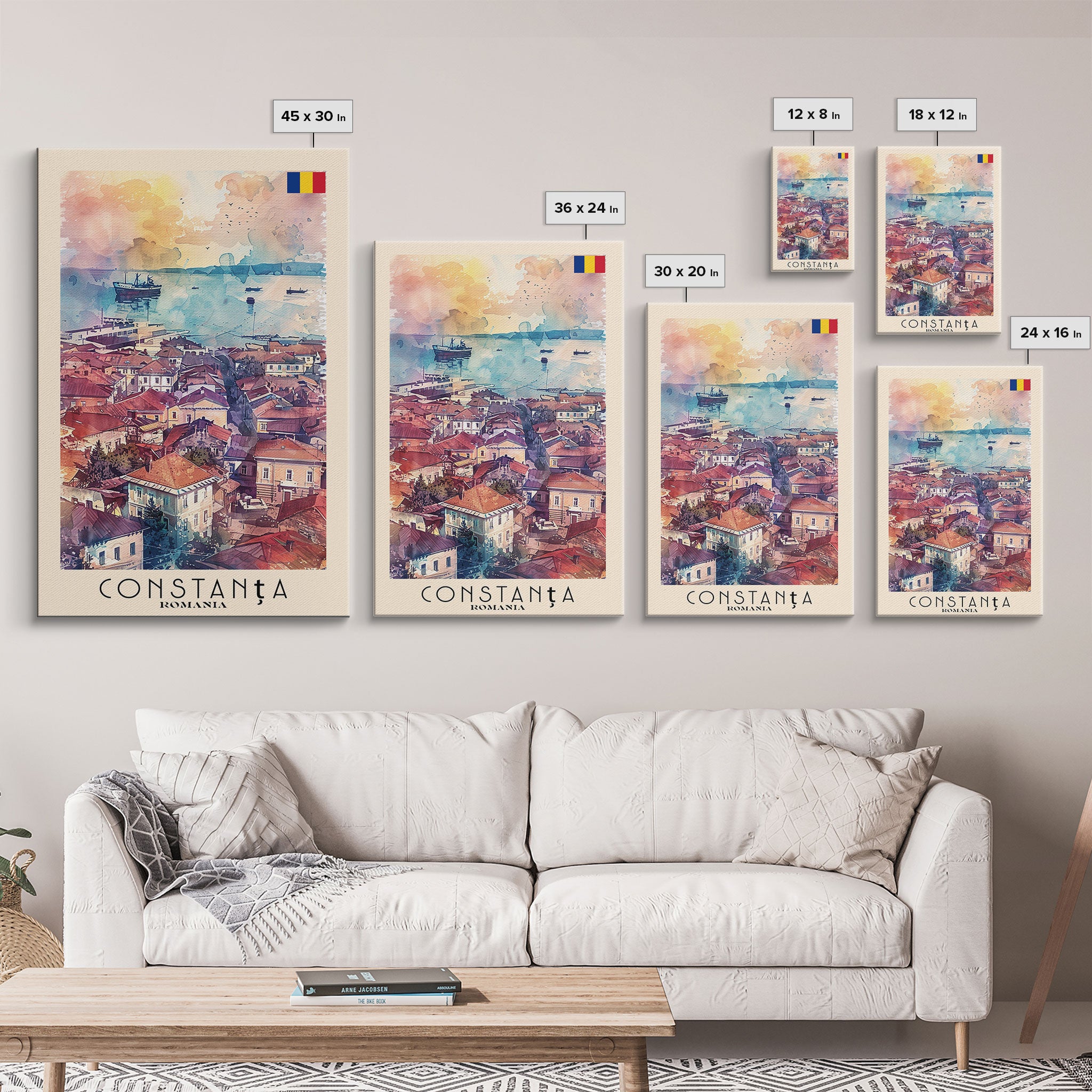 Constanta Romania Framed Canvas Print, Travel Poster Art, Watercolor Painting, Coastal Cityscape Wall Art, Home Decor, Living Room Artwork, Travel Print
