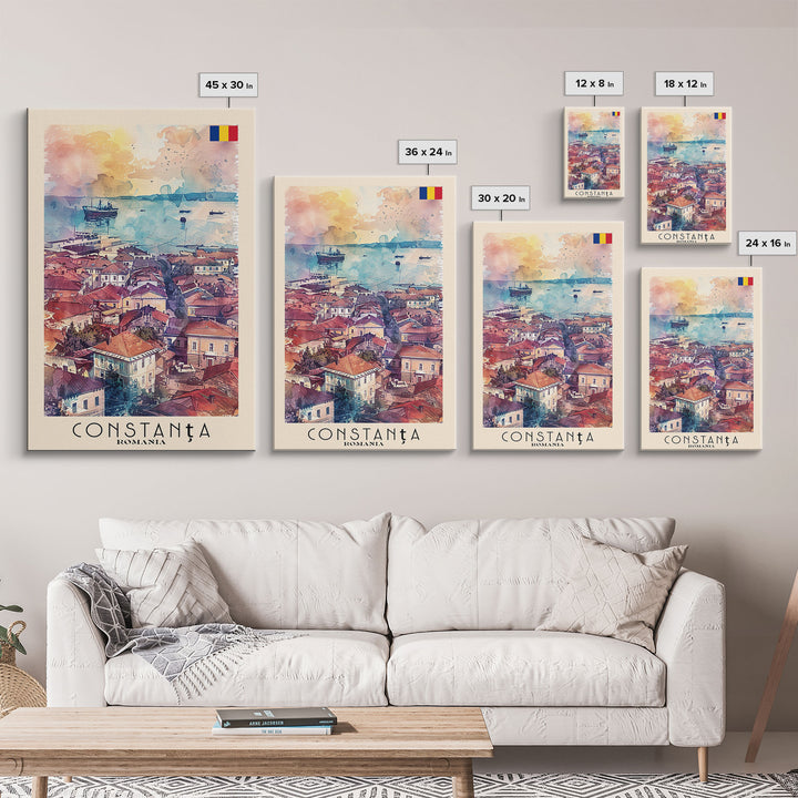 Constanta Romania Framed Canvas Print, Travel Poster Art, Watercolor Painting, Coastal Cityscape Wall Art, Home Decor, Living Room Artwork, Travel Print