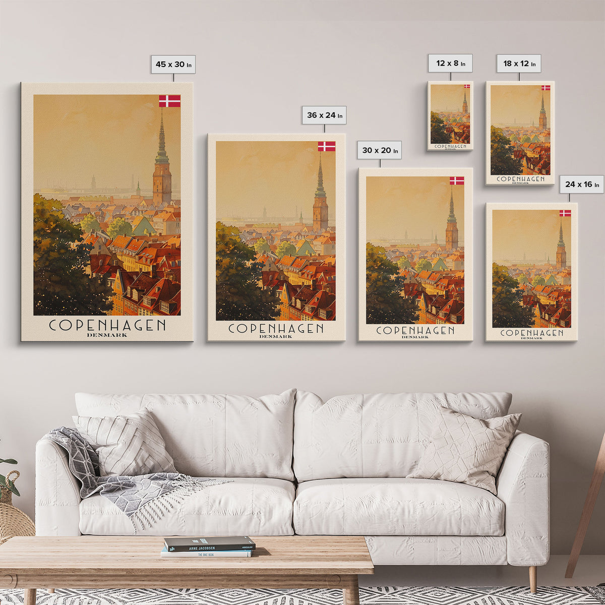 Copenhagen Denmark Cityscape Art, Framed Canvas Print, Watercolor Travel Poster, Minimalist Wall Decor, Home Decoration, Living Room Art, Travel Print