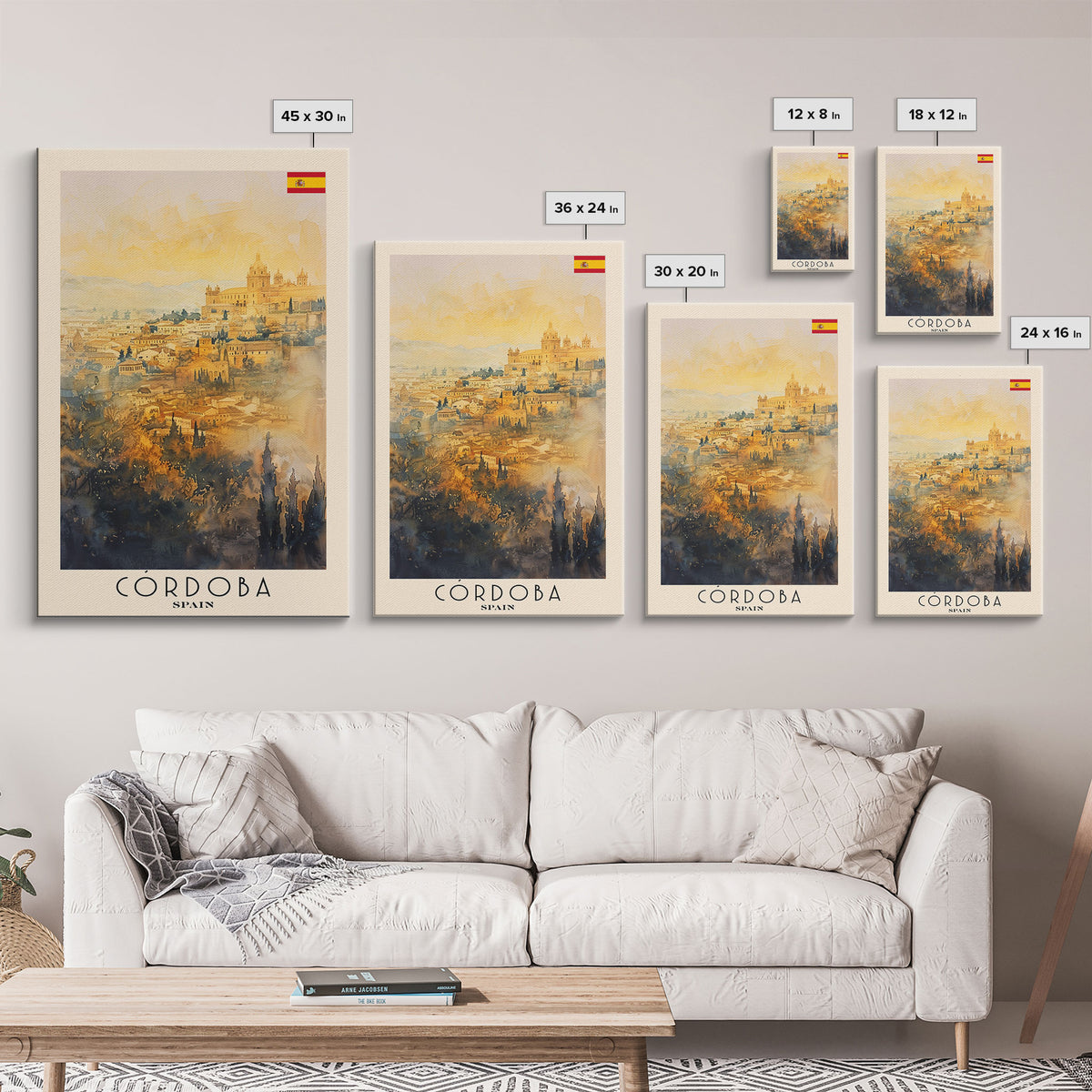 Cordoba Spain Travel Poster, Framed Canvas Print, Watercolor Cityscape Art, Wall Decor, Living Room Artwork, Home Decor, Original Painting, Travel Print