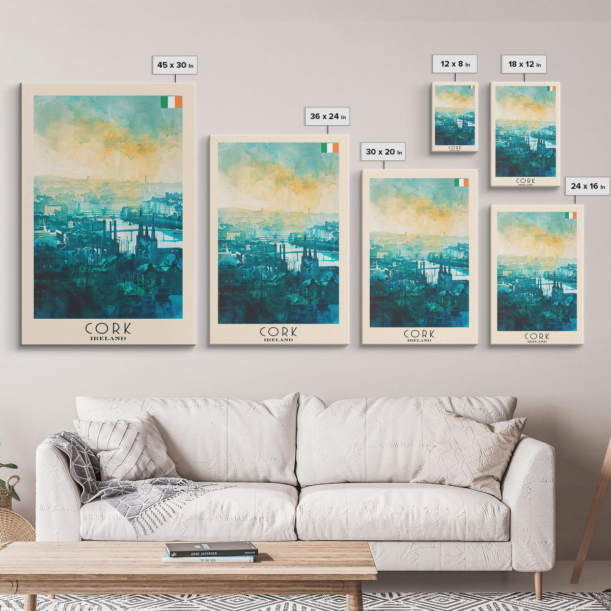 Cork Ireland Watercolor Travel Poster, Framed Canvas Print, Cityscape Wall Art, Home Decoration, Living Room Decor, Original Artwork, Travel Print