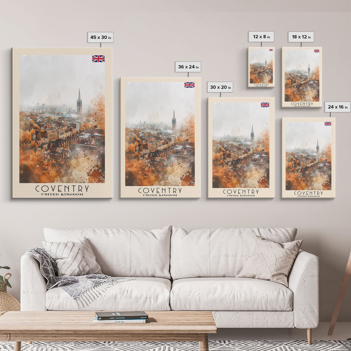 Coventry United Kingdom Travel Poster, Framed Canvas Print, Abstract Cityscape Wall Art, Home Decor, Living Room Decoration, Watercolor Art, Travel Print