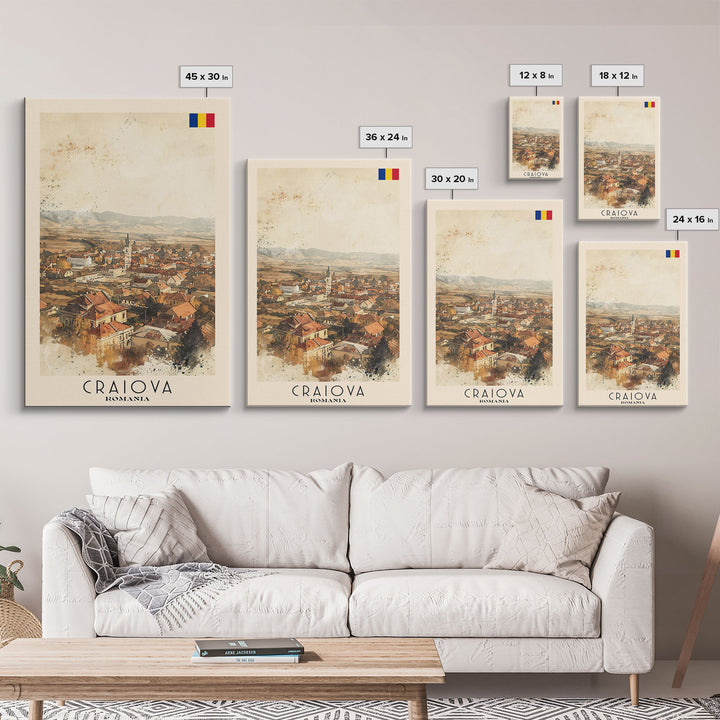 Craiova Romania Watercolor Cityscape, Framed Canvas Print, Travel Poster Art, Home Decor, Living Room Wall Art, Original Painting, Travel Print
