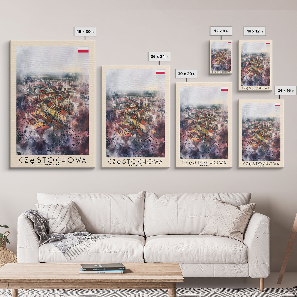 Czestochowa Poland Framed Canvas Print, Watercolor Travel Poster, Cityscape Wall Art, Home Decor, Living Room Artwork, Original Art, Travel Print