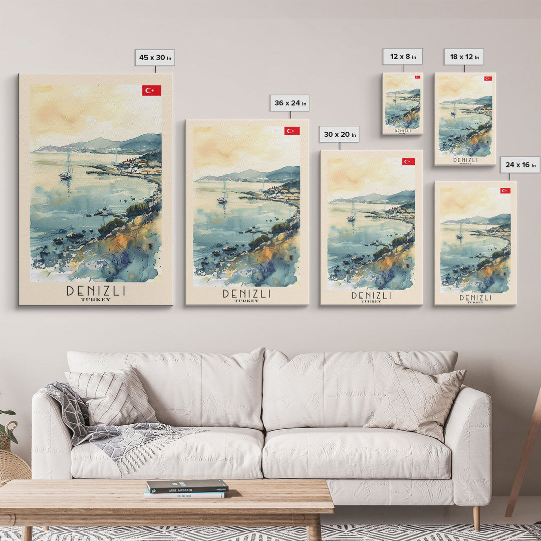 Denizli Turkey Watercolor Travel Poster, Framed Canvas Print, Coastal Cityscape Wall Art, Home Decor, Living Room Decoration, Original Artwork, Travel Print