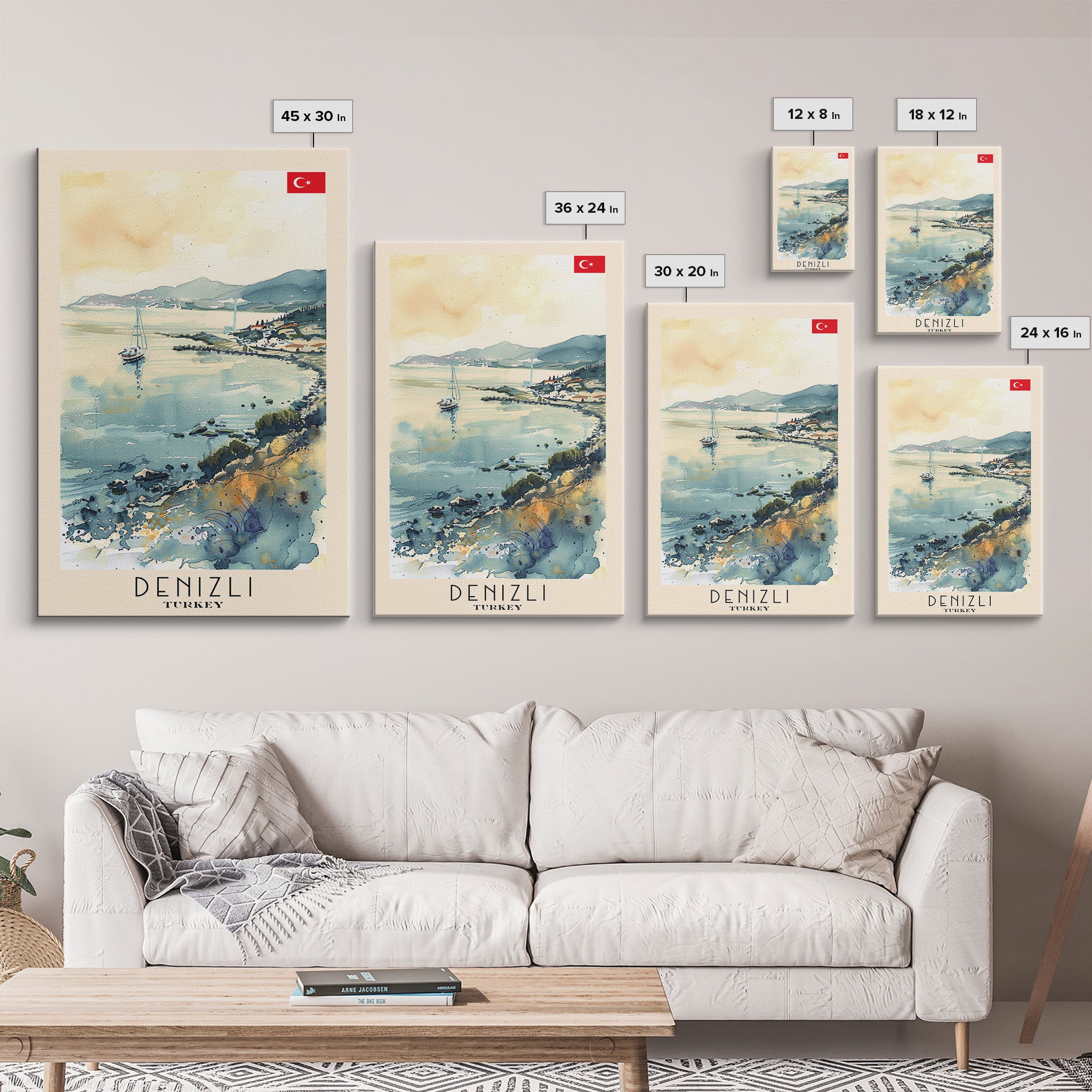 Denizli Turkey Watercolor Travel Poster, Framed Canvas Print, Coastal Cityscape Wall Art, Home Decor, Living Room Decoration, Original Artwork, Travel Print