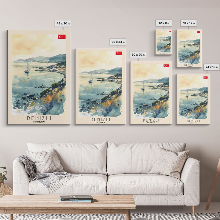 Denizli Turkey Watercolor Travel Poster, Framed Canvas Print, Coastal Cityscape Wall Art, Home Decor, Living Room Decoration, Original Artwork, Travel Print