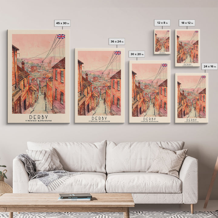 Derby United Kingdom Scenic Watercolor Framed Canvas Print, Vintage Travel Poster, British Wall Art, Rustic Home Decor, Retro Urban Artwork, Living Room Decoration