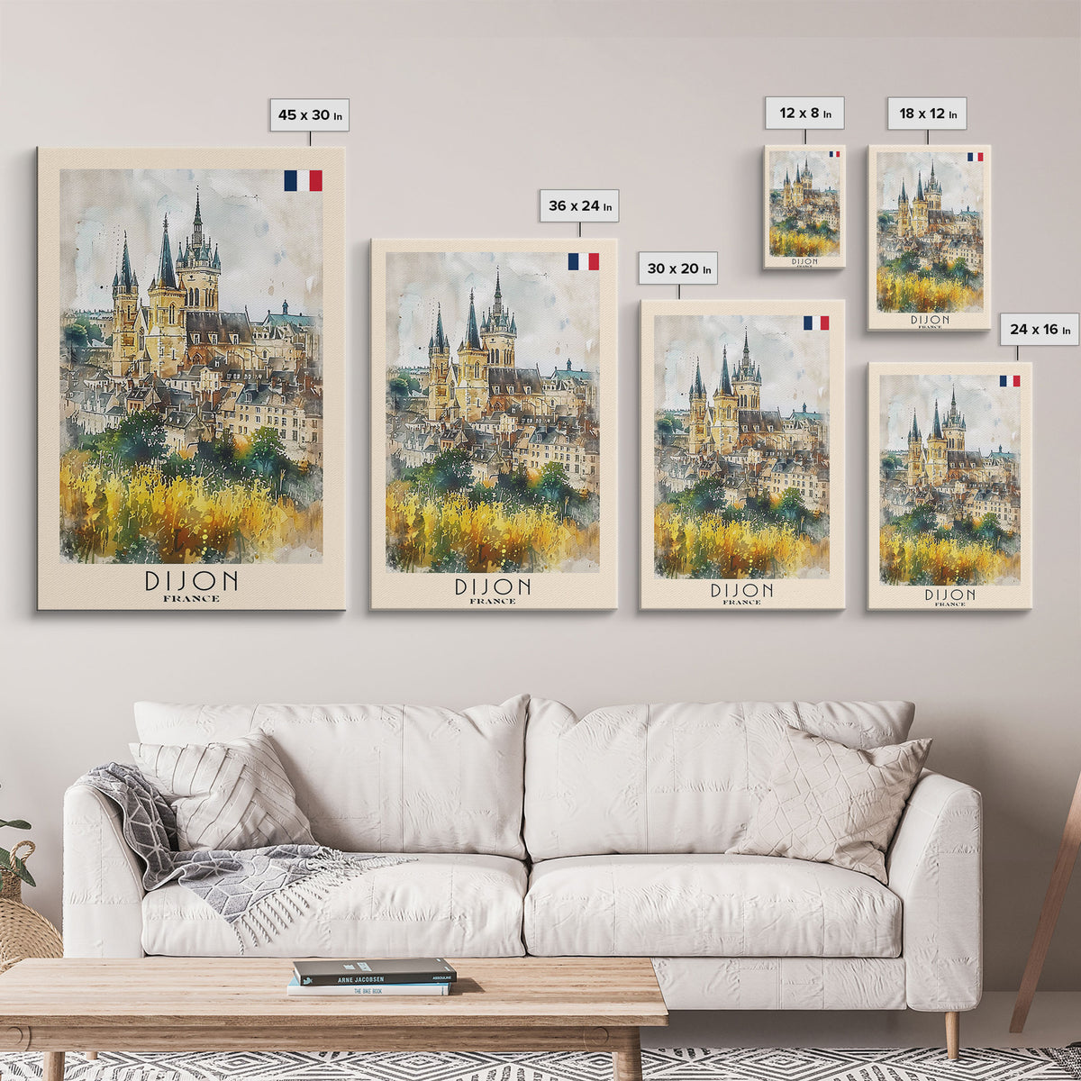 Dijon France Historic Landmark Framed Canvas Print, Watercolor Travel Poster, French Heritage Art, Classic Home Decor, Retro Wall Art, Living Room Piece