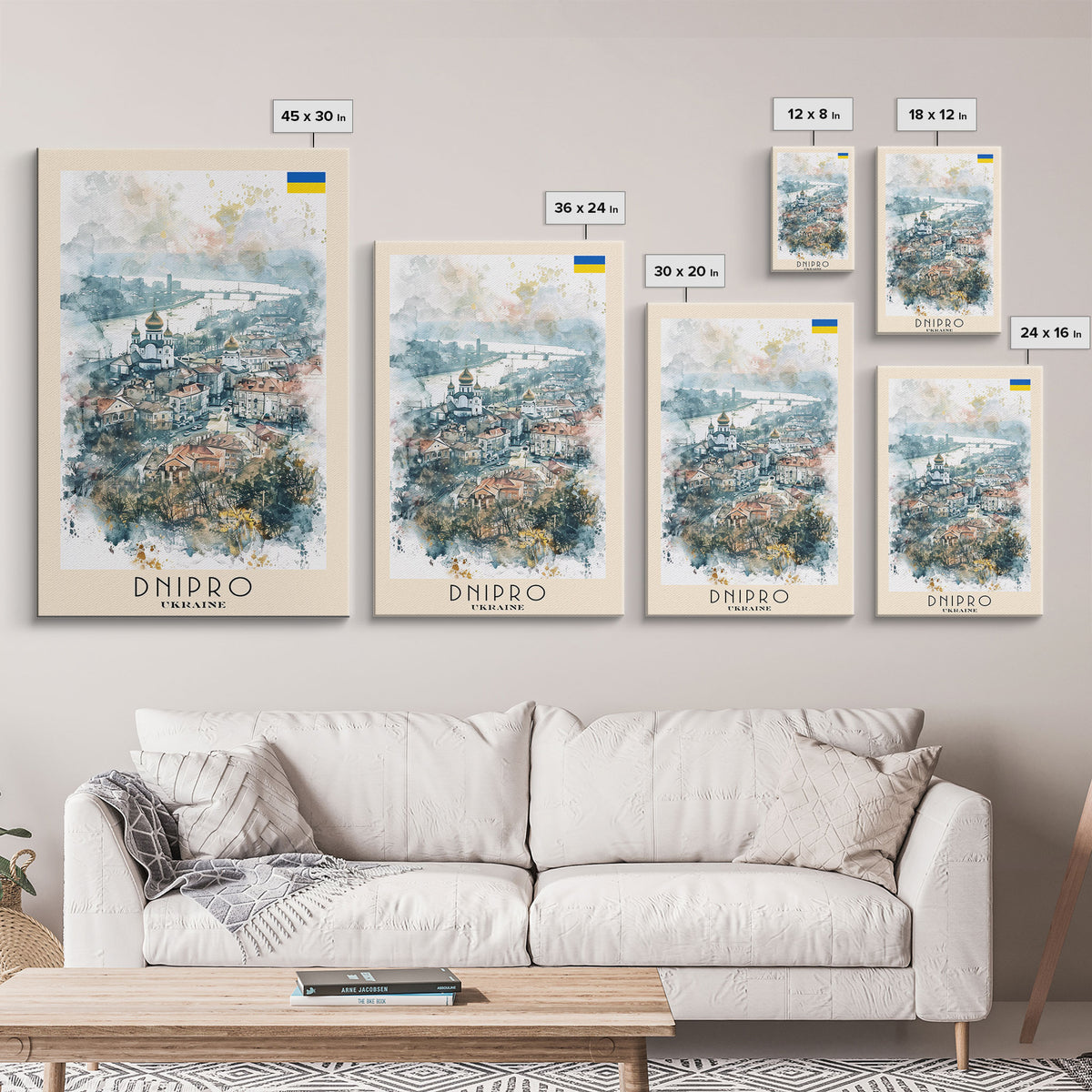 Dnipro Ukraine Urban Landscape Framed Canvas Print, Watercolor Travel Poster, Eastern European Wall Art, Elegant Home Decor, Retro Cityscape Art, Living Room Accent