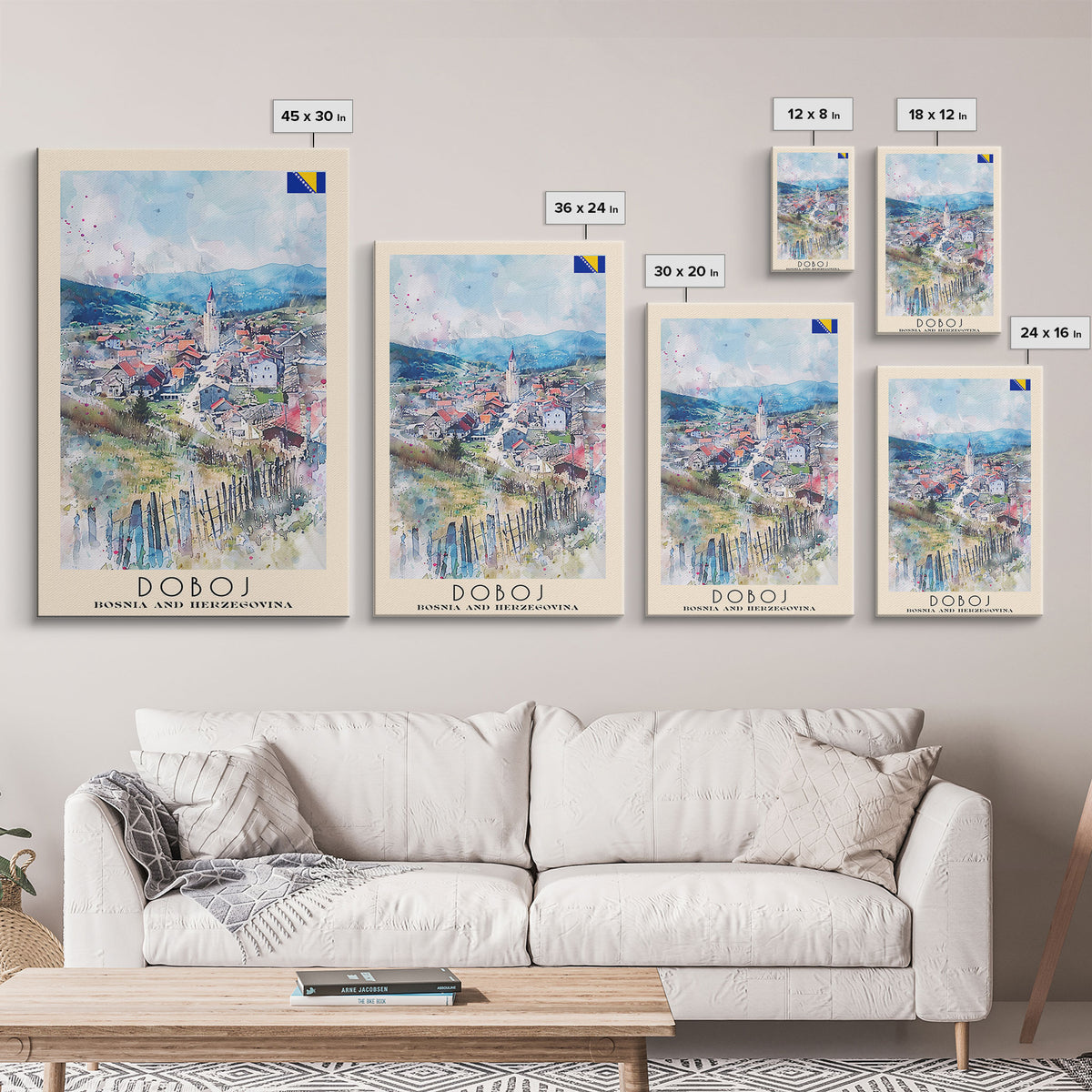 Doboj Bosnia and Herzegovina Countryside Framed Canvas Print, Watercolor Travel Poster, Bosnian Scenic Art, Cozy Home Decor, Rustic Wall Art, Living Room Decor