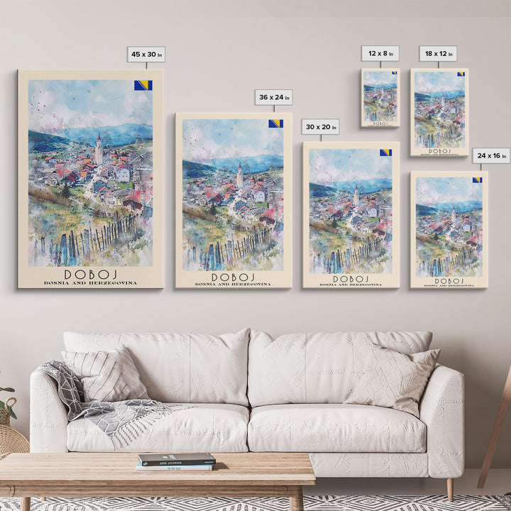 Doboj Bosnia and Herzegovina Countryside Framed Canvas Print, Watercolor Travel Poster, Bosnian Scenic Art, Cozy Home Decor, Rustic Wall Art, Living Room Decor