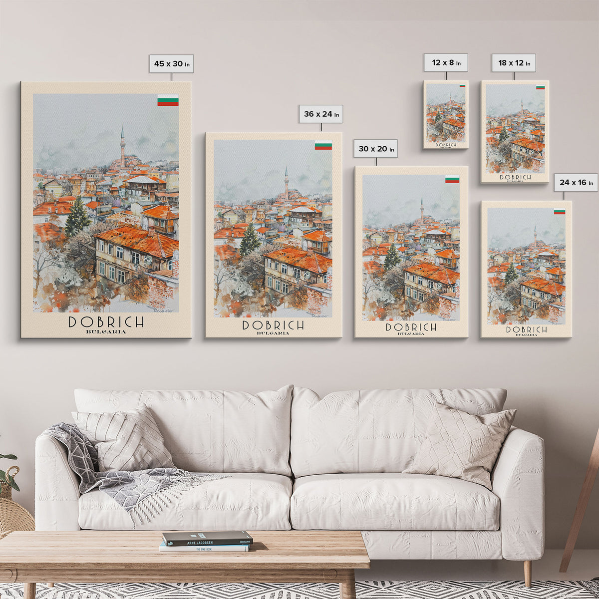 Dobrich Bulgaria Quaint Town Framed Canvas Print, Watercolor Travel Poster, Bulgarian Village Art, Rustic Home Decor, Vintage Wall Art, Living Room Enhancement