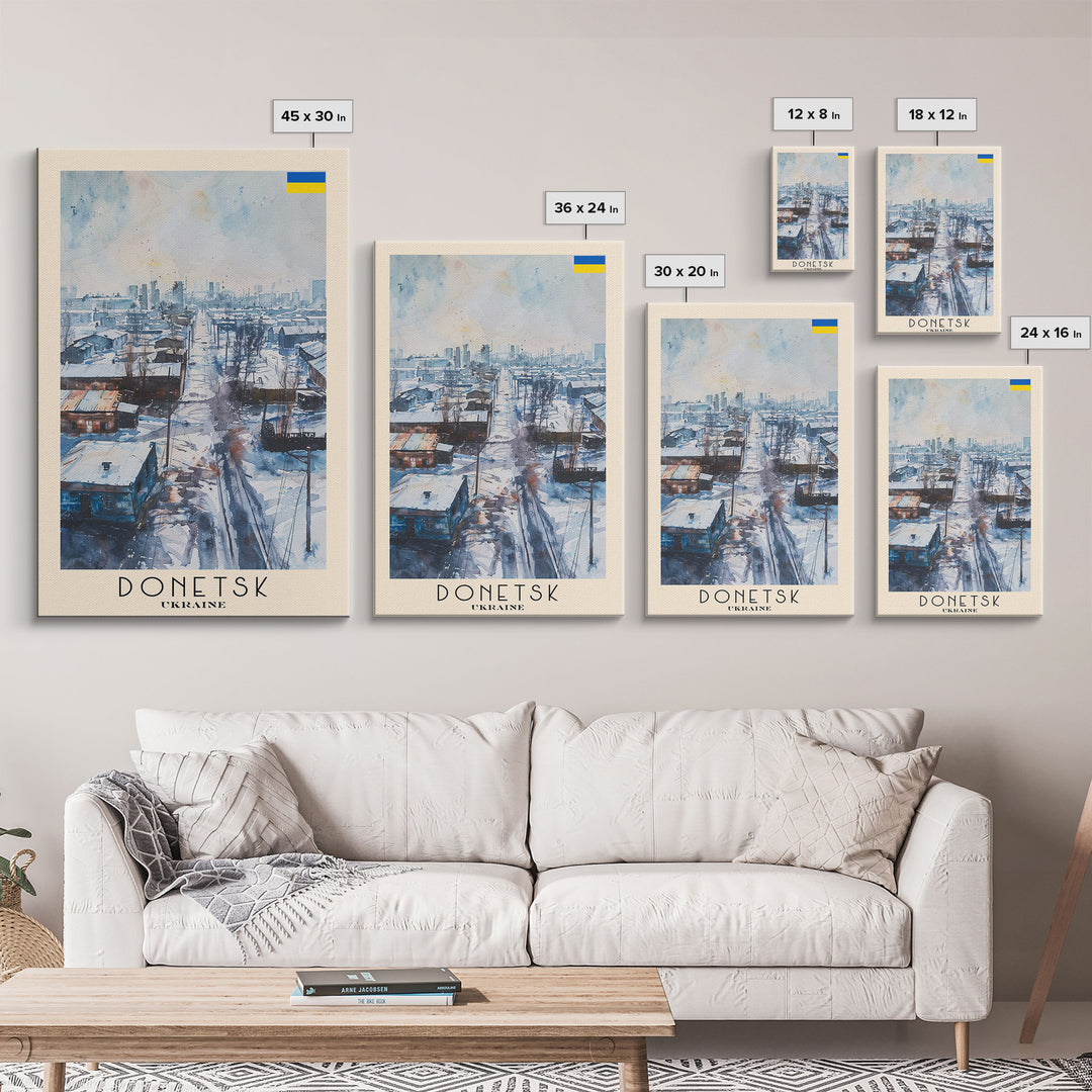 Donetsk Ukraine Winter Scene Framed Canvas Print, Watercolor Travel Poster, Ukrainian Urban Art, Cold Season Decor, Unique Wall Art, Living Room Decoration