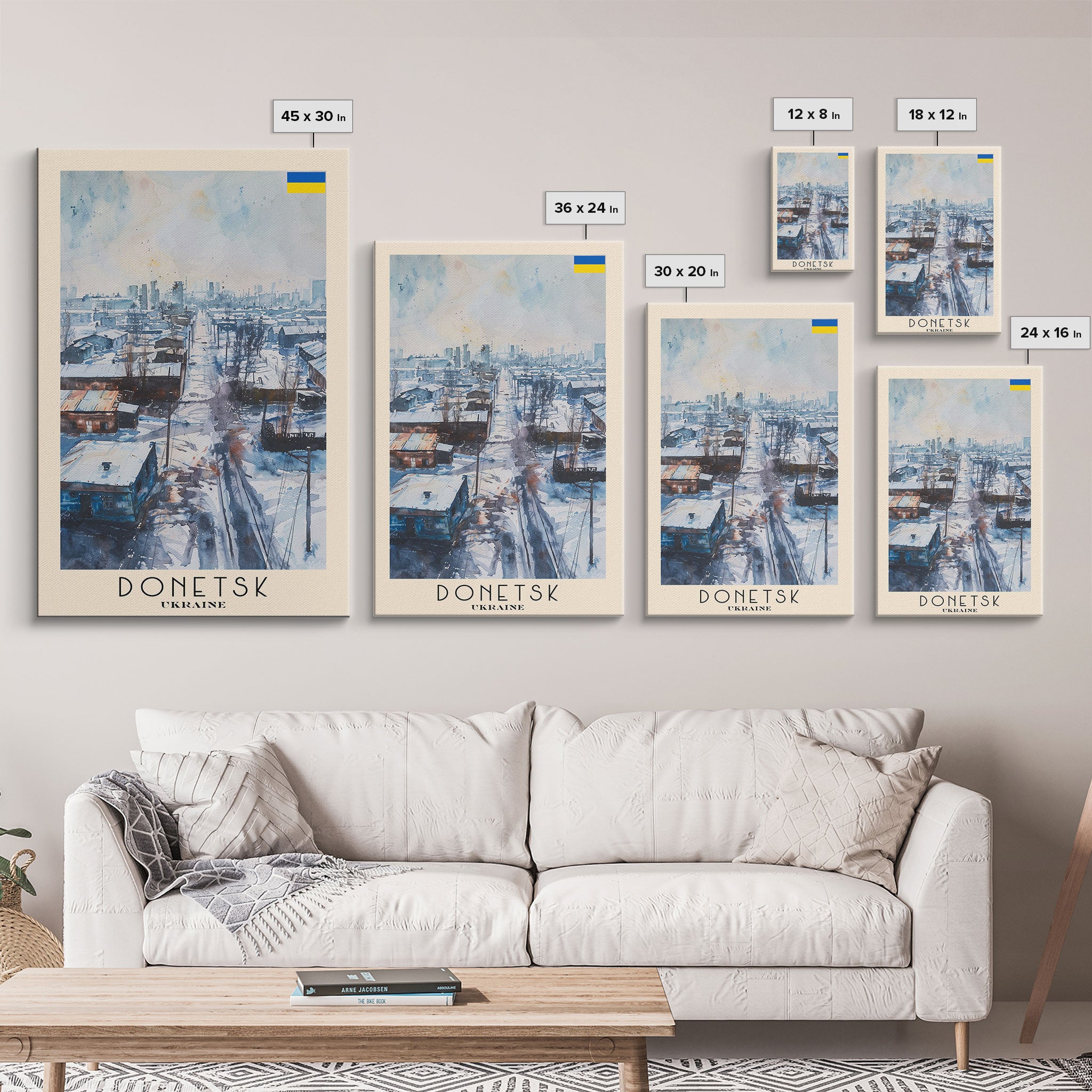 Donetsk Ukraine Winter Scene Framed Canvas Print, Watercolor Travel Poster, Ukrainian Urban Art, Cold Season Decor, Unique Wall Art, Living Room Decoration