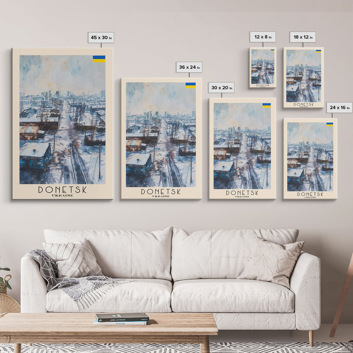 Donetsk Ukraine Winter Scene Framed Canvas Print, Watercolor Travel Poster, Ukrainian Urban Art, Cold Season Decor, Unique Wall Art, Living Room Decoration