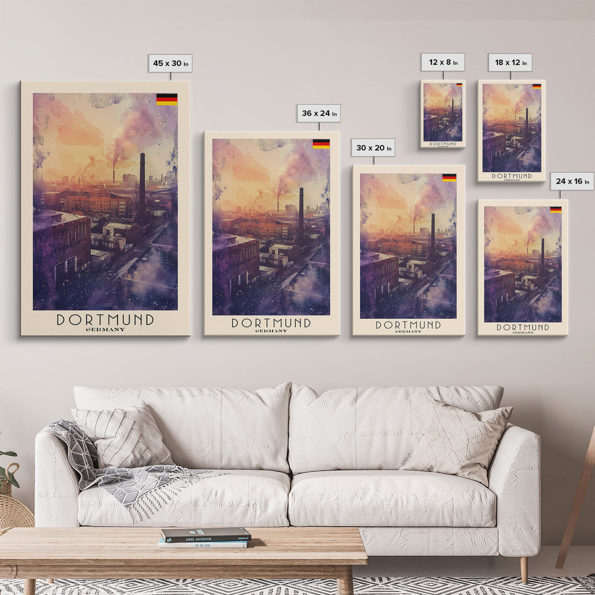 Dortmund Germany Industrial Cityscape Framed Canvas Print, Watercolor Travel Poster, German Urban Art, Modern Home Decor, Industrial Wall Art, Living Room Design