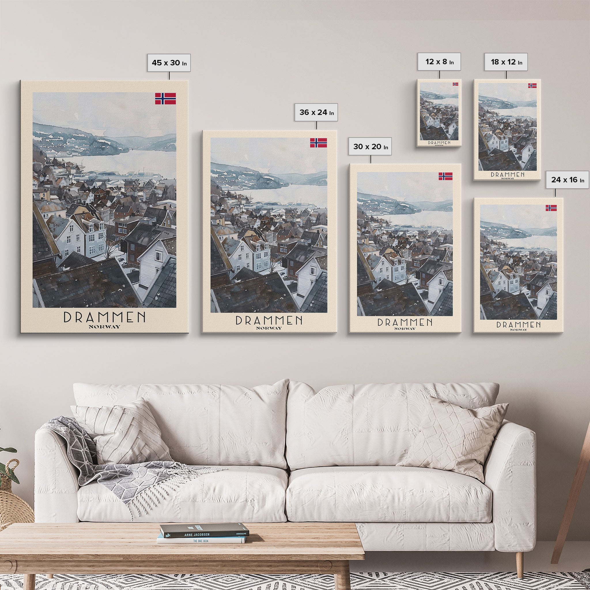 Drammen Norway Serene Landscape Framed Canvas Print, Watercolor Travel Poster, Norwegian Scenic Art, Tranquil Home Decor, Peaceful Wall Art, Living Room Beauty