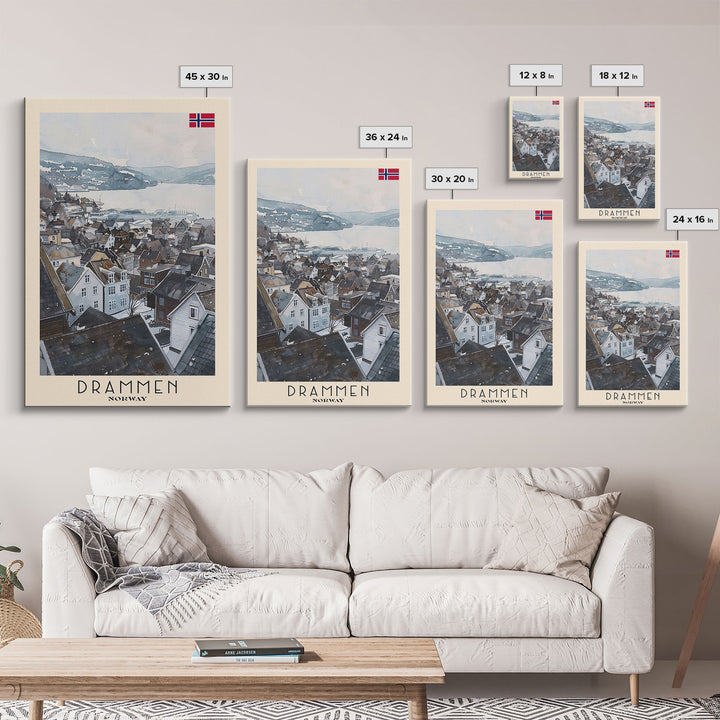 Drammen Norway Serene Landscape Framed Canvas Print, Watercolor Travel Poster, Norwegian Scenic Art, Tranquil Home Decor, Peaceful Wall Art, Living Room Beauty