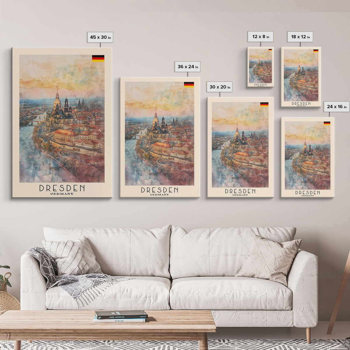 Dresden Germany Architectural Marvel Framed Canvas Print, Watercolor Travel Poster, German Historical Art, Elegant Home Decor, Classic Wall Art, Living Room Centerpiece