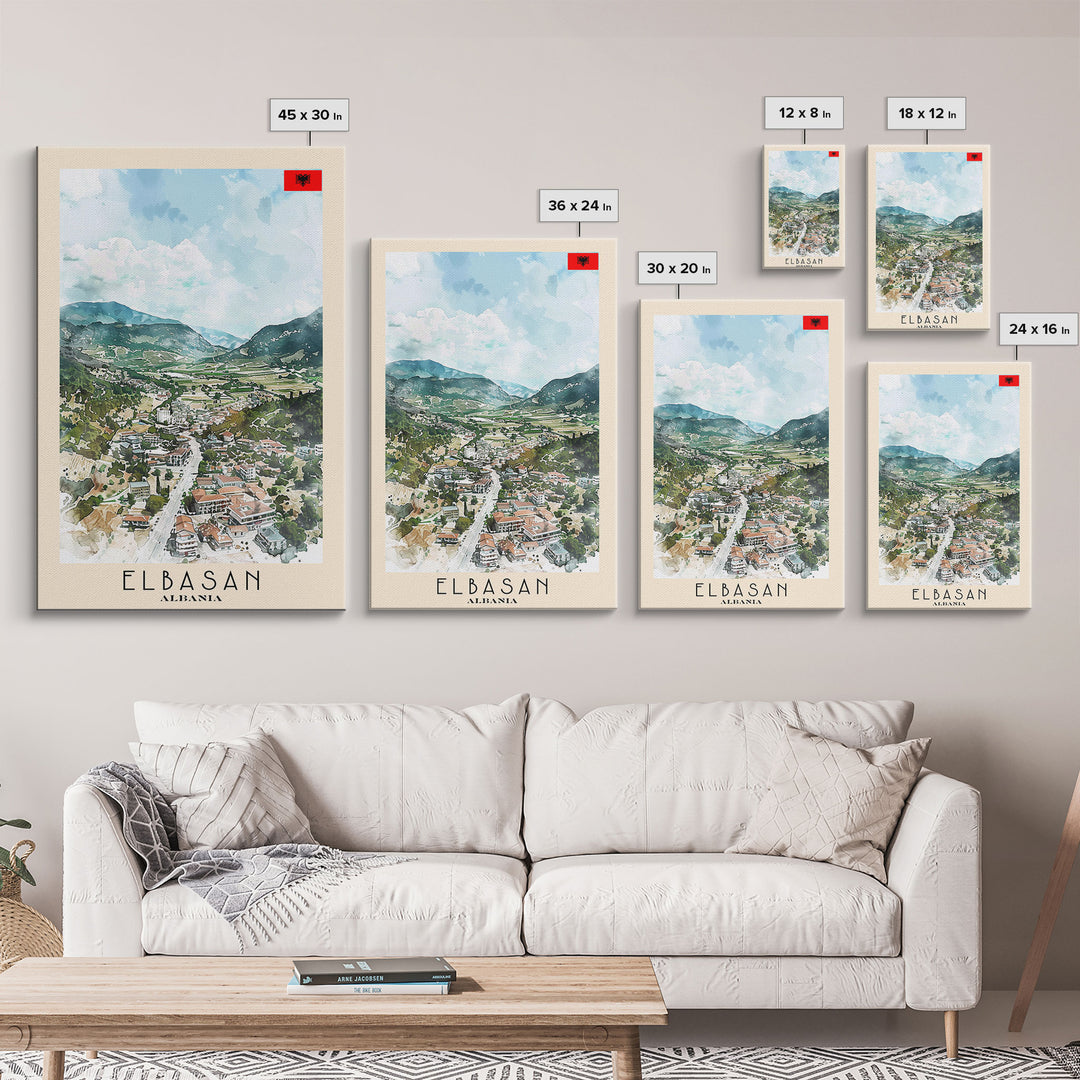 Elbasan, Albania Framed Canvas Print. Mountain Charm Wall Art for Living Room or Bedroom, Scenic Travel Poster Decor.