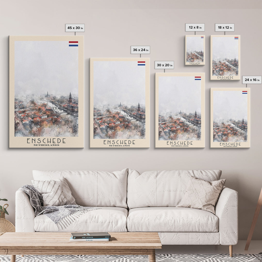 Enschede, Netherlands Framed Canvas Print. Urban Winter Wall Art for Living Room or Bedroom Decor, Travel Poster Art.