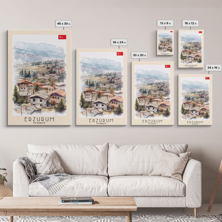 Erzurum Turkey Scenic Watercolor Framed Canvas Print, Stunning Travel Poster Art for Living Room and Bedroom Wall Decor