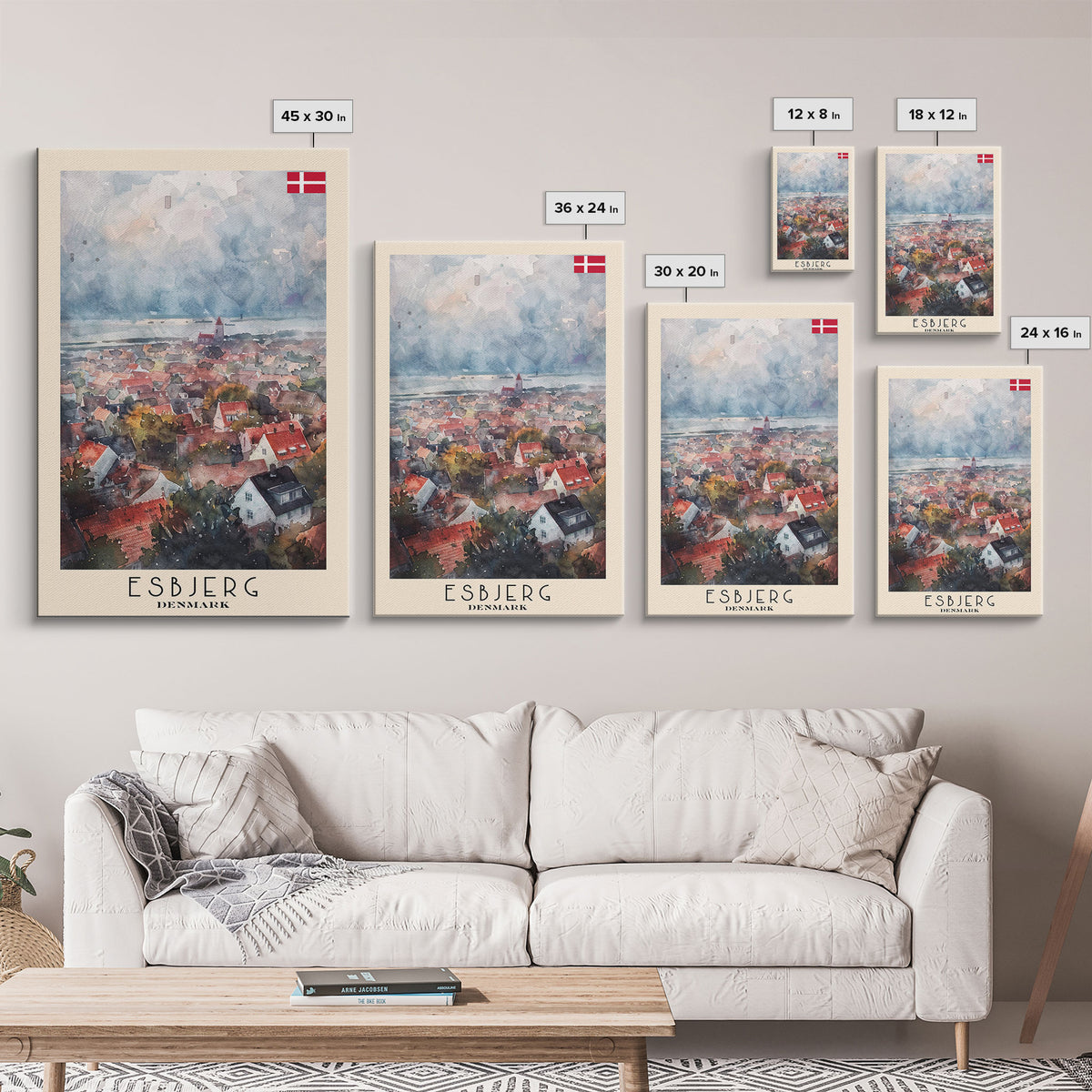 Esbjerg Denmark Skyline Watercolor Framed Canvas Print, Beautiful Travel Poster Art for Home and Office Wall Decor