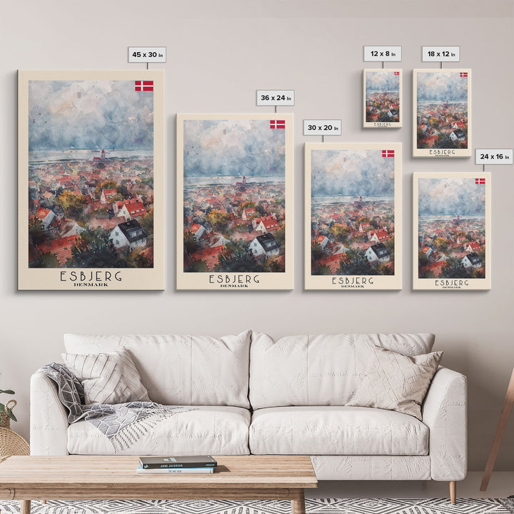 Esbjerg Denmark Skyline Watercolor Framed Canvas Print, Beautiful Travel Poster Art for Home and Office Wall Decor
