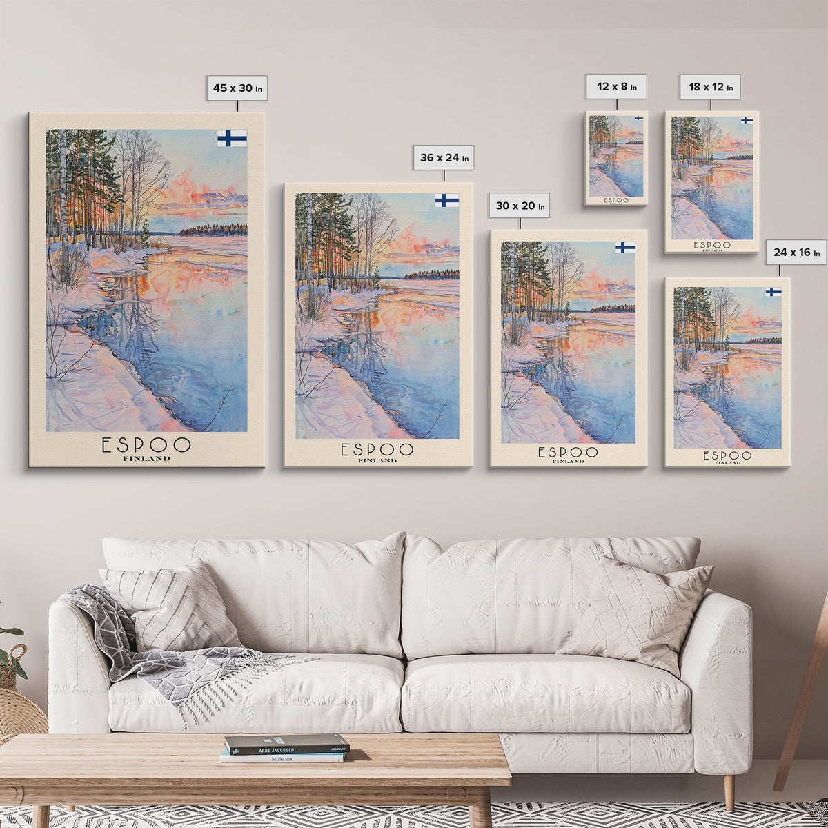 Espoo Finland Serene Landscape Watercolor Framed Canvas Print, Tranquil Travel Poster Art for Home and Office Wall Decor