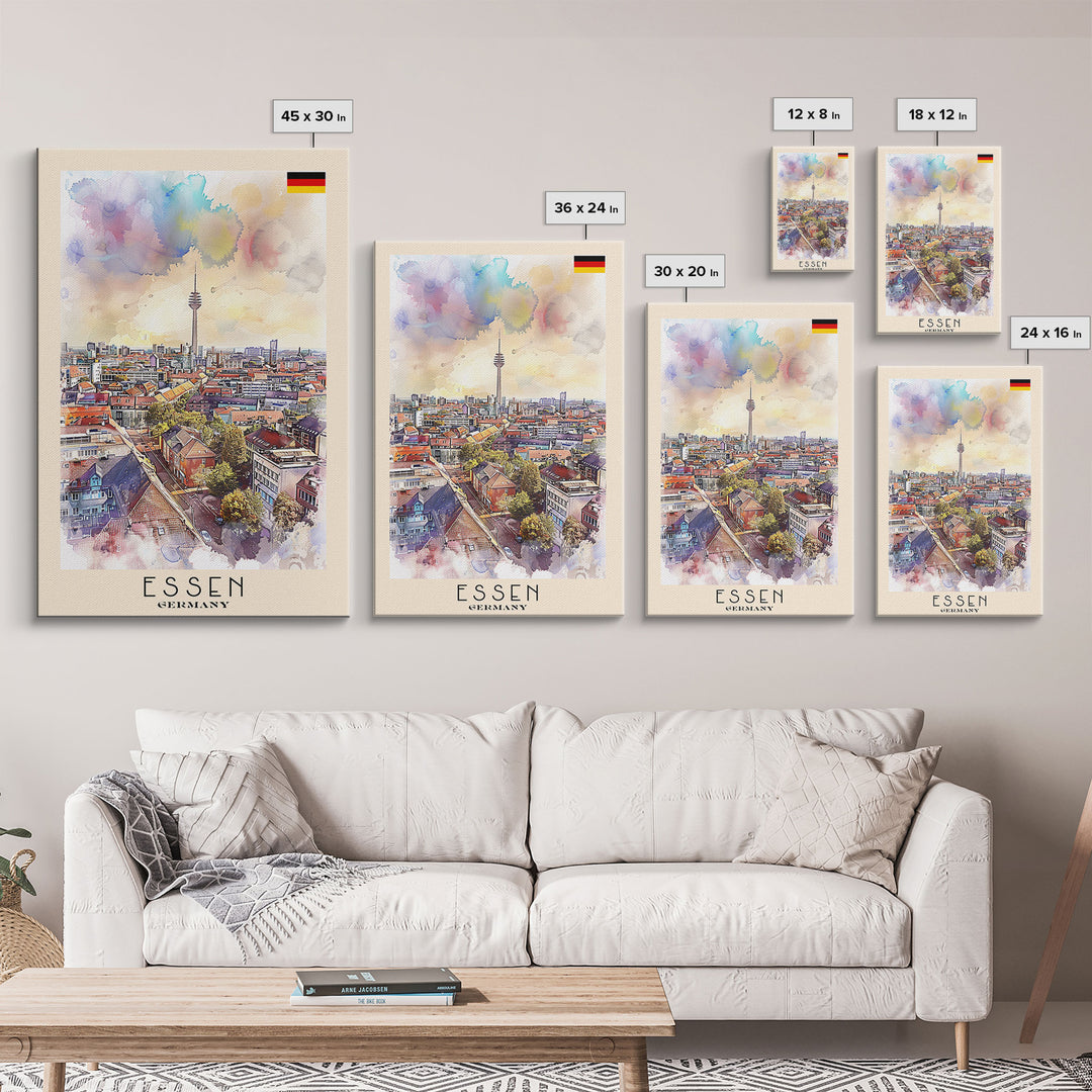 Essen Germany Vibrant Cityscape Watercolor Framed Canvas Print, Dynamic Travel Poster Art for Living Room and Bedroom Decor