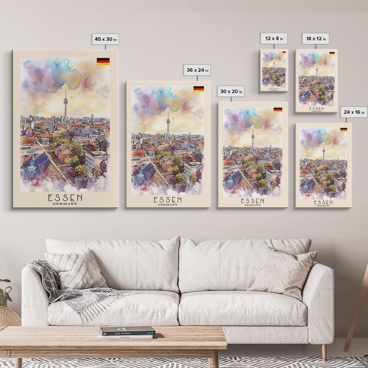 Essen Germany Vibrant Cityscape Watercolor Framed Canvas Print, Dynamic Travel Poster Art for Living Room and Bedroom Decor